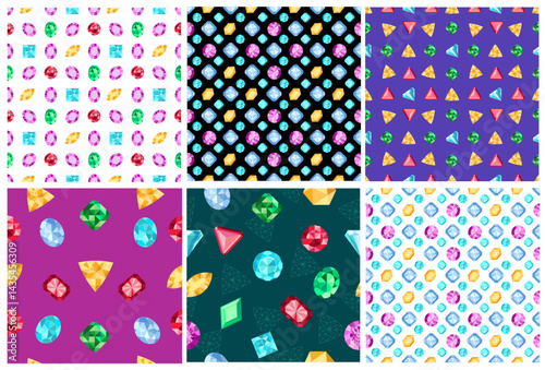 Gem seamless pattern set. Jewels gemstone. Crystals, gems, treasures. Bright image on a dark and light background