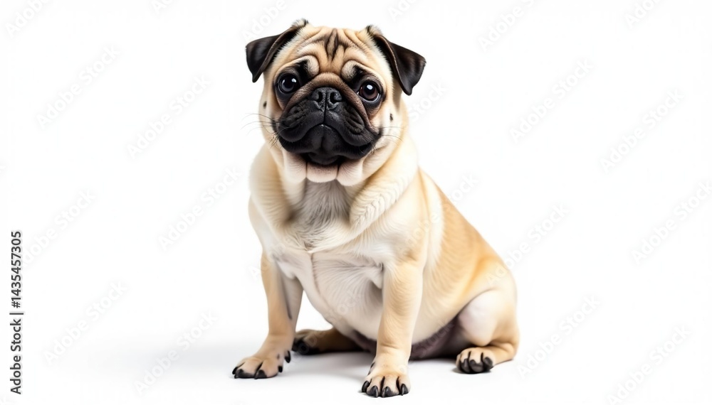 Obraz premium Adorable pug dog sitting, isolated on white background, fluffy, clipart
