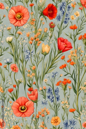 Vibrant Summer Wildflower Meadow Botanical Floral Pattern