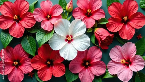 Bold hibiscus blossoms arranged in a square grid , grid, square, tropical flowers