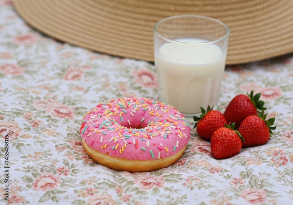 Pink donut with milk and strawberries on floral fabric Pink donut with milk and strawberries on floral fabric