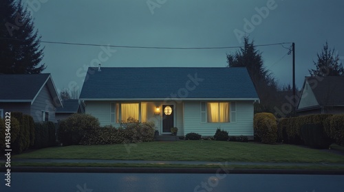 A small cozy house illuminates gently during evening time