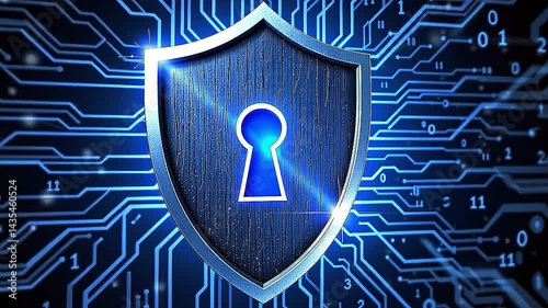 A robust, stylized shield icon overlays a backdrop of encrypted digital data. The shield is metallic blue, featuring a prominent keyhole at its center, subtly suggesting access control