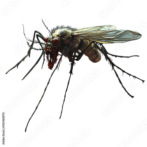 A close up of a menacing fly with large eyes and long legs on a stark black background image view