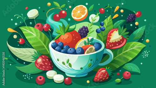 White cup filled with berries and fruit. The cup is surrounded by a green background. Concept of freshness and abundance
