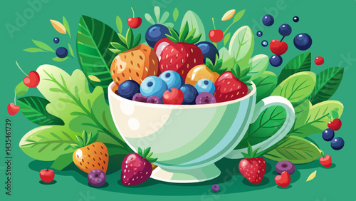White cup filled with berries and fruit. The cup is surrounded by a green background. Concept of freshness and abundance