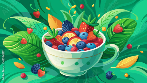 White cup filled with berries and fruit. The cup is surrounded by a green background. Concept of freshness and abundance