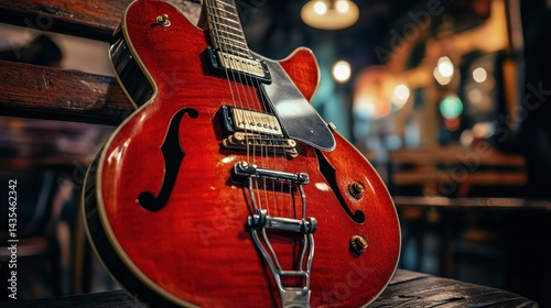 A Beautiful Crimson Electric Guitar Leaning Against Wooden Furniture