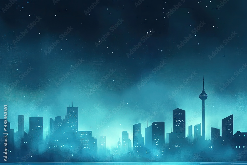 Fototapeta premium Night cityscape with skyscrapers, fog, and stars