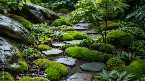 Serene moss garden path tranquility lush green landscape zen stone walkway nature beauty peaceful oasis