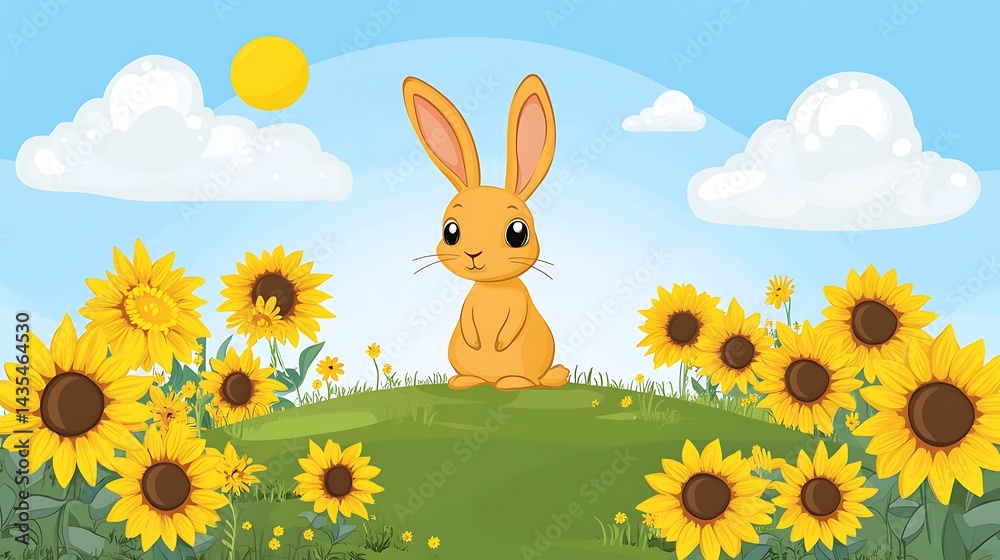Fototapeta premium Cute bunny in sunflower field. (1)