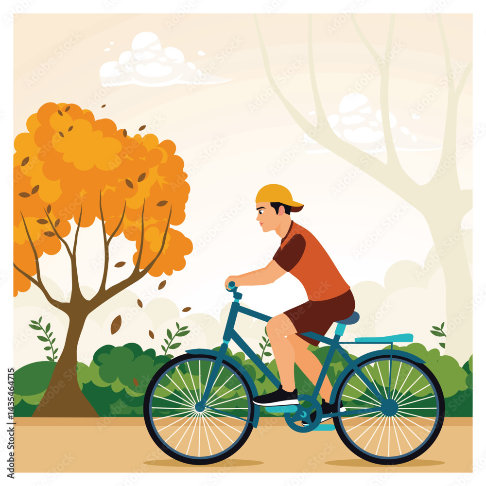 Obraz premium Young person riding a bicycle through an autumn landscape.