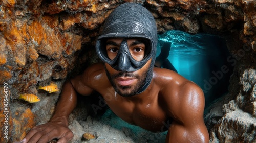 Obraz na płótnie Snorkeling above tropical reef, scary, zombie, monster, dark, expression, art, eyes w salonie