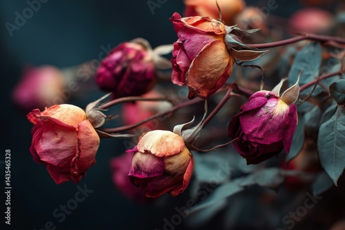Wilted Roses on Dark Blue Backdrop Displaying Delicate Petal Textures and Natural Fading Colors in Close-Up