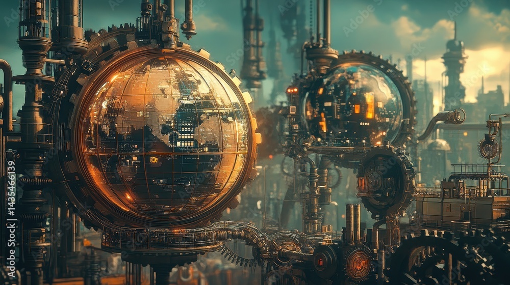 Fototapeta premium A Steampunk-inspired world trade scene, where gears and cogs form a mechanical globe, illustrating industrial-era global commerce reimagined with AI.