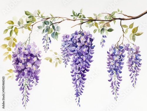 Watercolor wisteria blossoms on branch