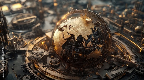 A Steampunk-inspired world trade scene, where gears and cogs form a mechanical globe, illustrating industrial-era global commerce reimagined with AI.