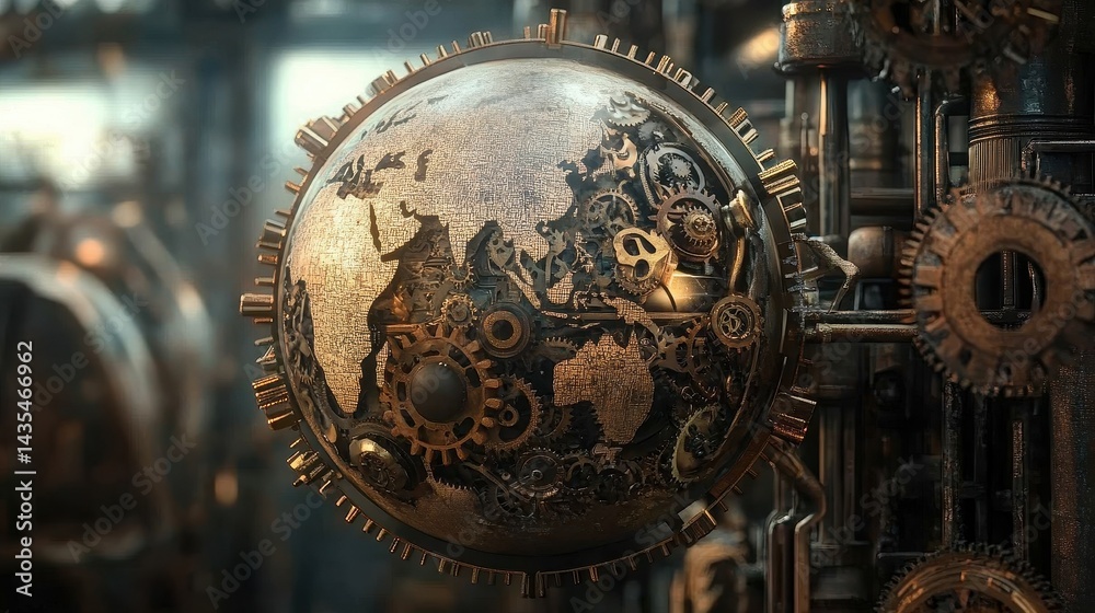 Fototapeta premium A Steampunk-inspired world trade scene, where gears and cogs form a mechanical globe, illustrating industrial-era global commerce reimagined with AI.