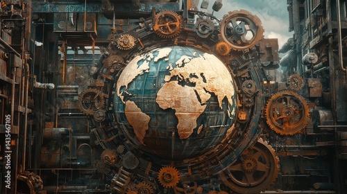 A Steampunk-inspired world trade scene, where gears and cogs form a mechanical globe, illustrating industrial-era global commerce reimagined with AI.