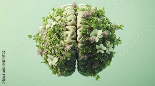 3D half-brain with floral element isolated background. World Mental Health Day