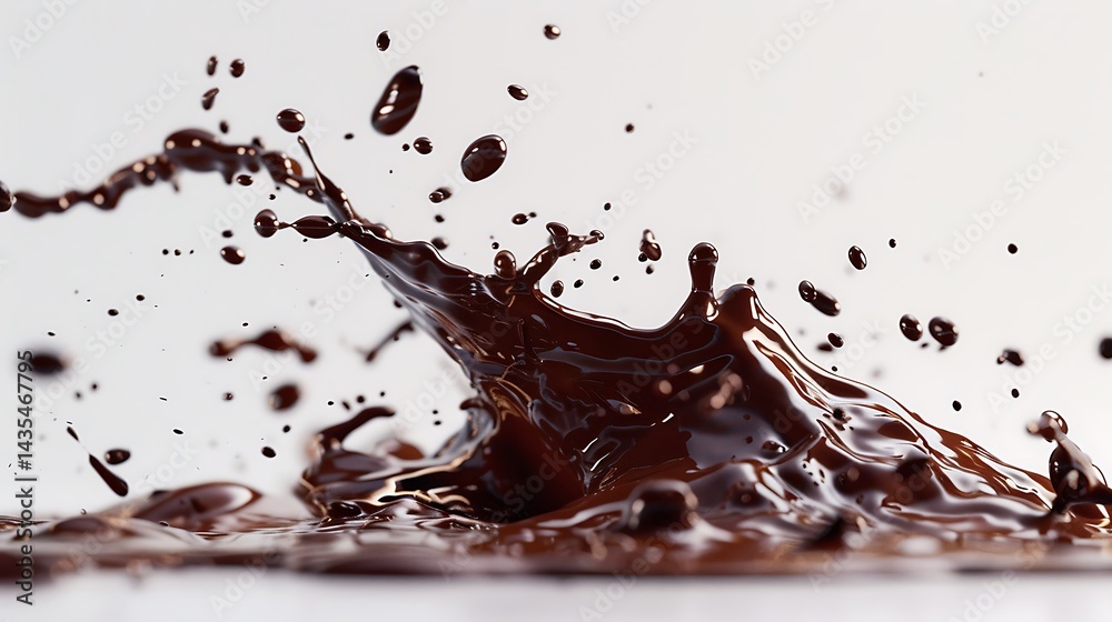 Fototapeta premium A rich splash of molten chocolate, cascading dramatically against a pristine white backdrop.
