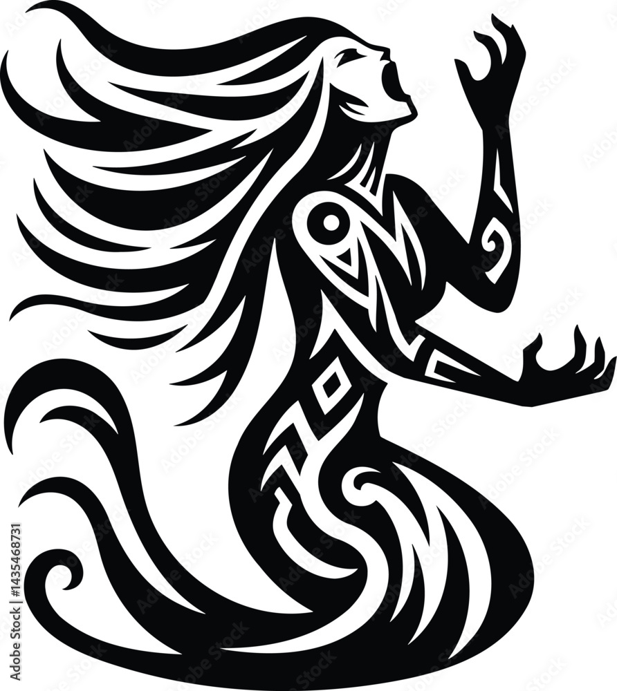 Fototapeta premium Black and white isolated tribal banshee wailing vector silhouette with geometric patterns