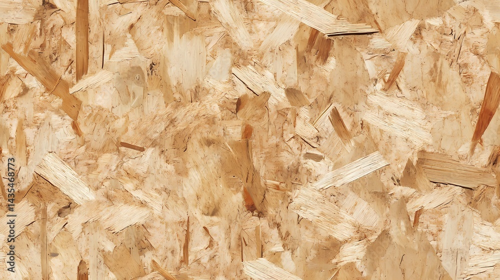 Obraz premium Textured seamless tile of OSB board displaying rough wood strands for construction, flooring, and building-related graphic designs.