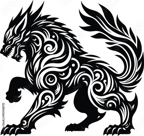Isolated black white vector silhouette tribal art style mythological Baku dynamic protective stance intricate patterns