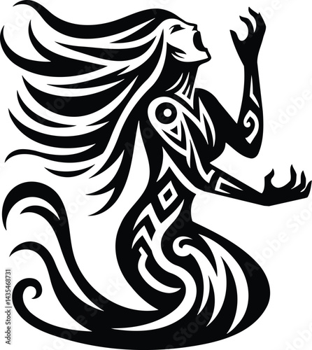 Black and white isolated tribal banshee wailing vector silhouette with geometric patterns