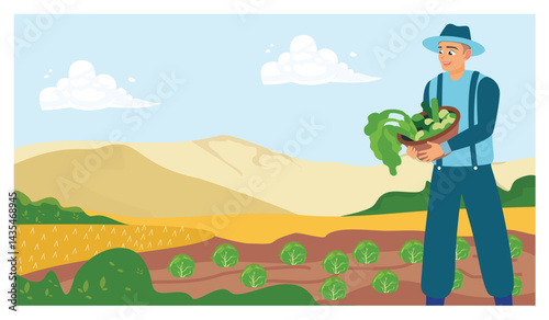 A farmer picks vegetables in a farm field.