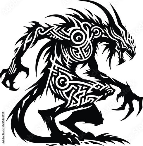 Black and white Draugr silhouette symbol with tribal patterns