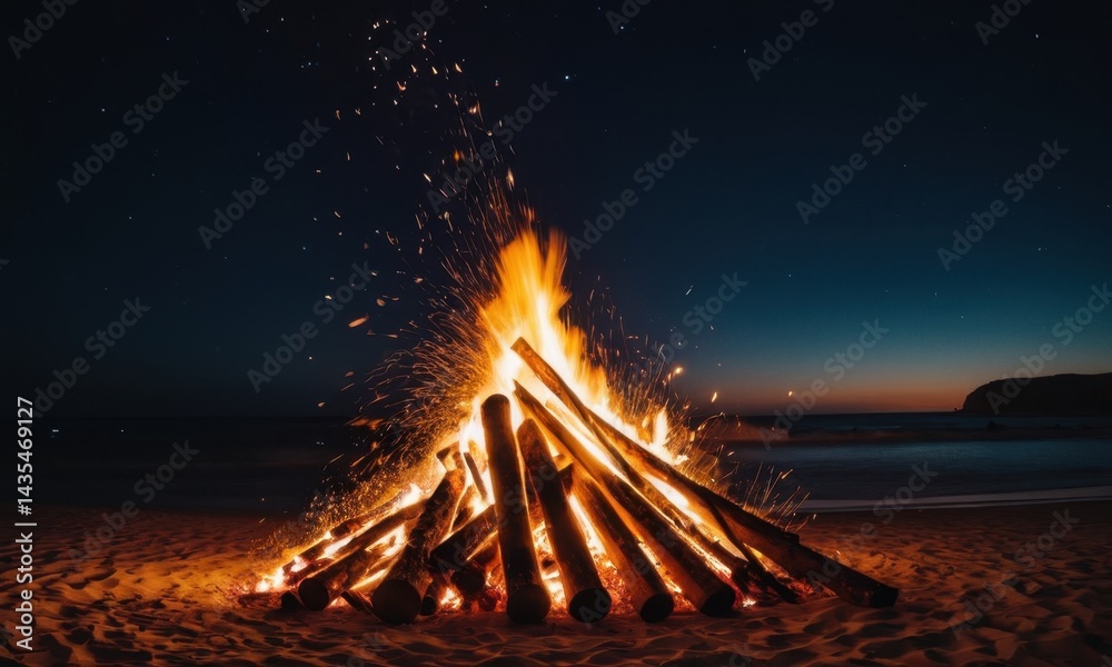 A camping scene with a campfire lit up on a dark sandy beach, perfect for use in outdoor adventure or nature-themed projects