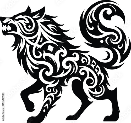 Dynamic Fenrir wolf silhouette symbol with tribal art