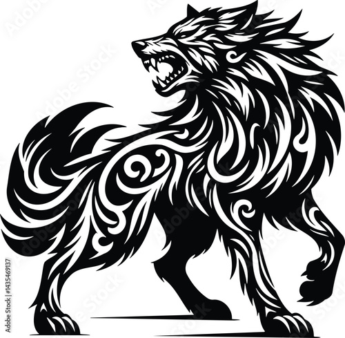 Black and white vector silhouette of fenrir mythological wolf snarling pose tribal art raw power
