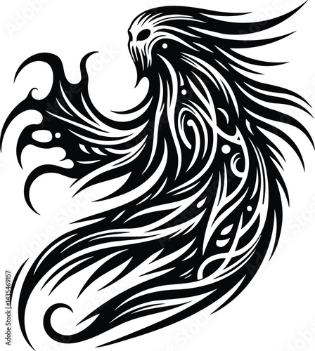 Isolated mythological ghost silhouette with tribal art emerging from shadows