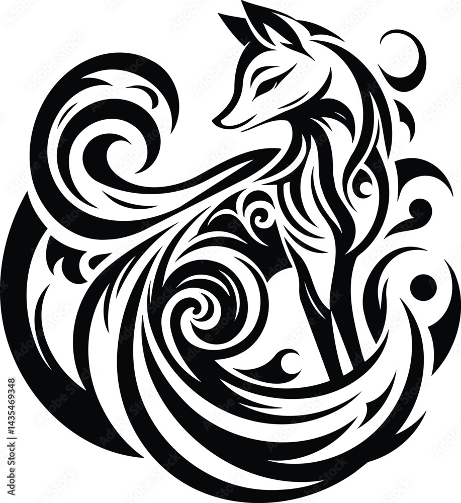 Fototapeta premium Dynamic kitsune fox silhouette vector with swirling tails and tribal patterns