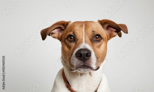 Obraz na płótnie A brown and white dog wearing a bright red collar, ready for an adventure w salonie