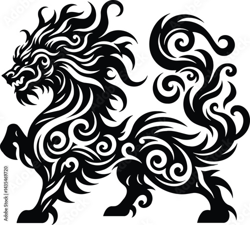 Black and white fierce tribal nian creature silhouette vector