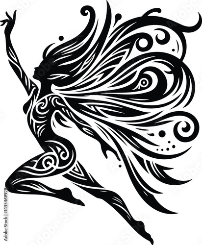 Black and white vector silhouette of a mythological pixie with tribal wing detail