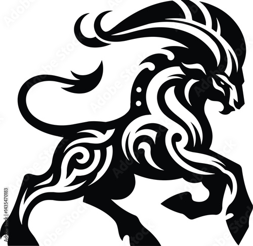 Black and white vector silhouette of a mythical satyr symbol with tribal patterns