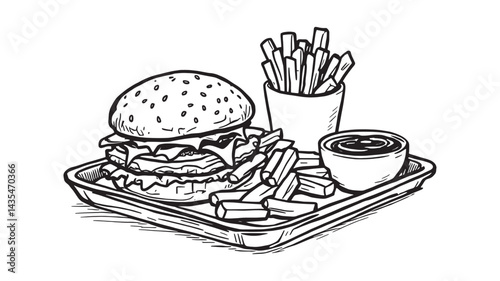 French Fries with Ketchup and Mayonnaise Fast Food line art style