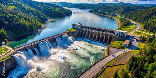 Wallpaper Mural Aerial view of hydroelectric dam with powerful water flow, waterfall view Torontodigital.ca