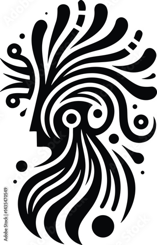 Black and white vodyanoy silhouette with tribal patterns and water tendrils