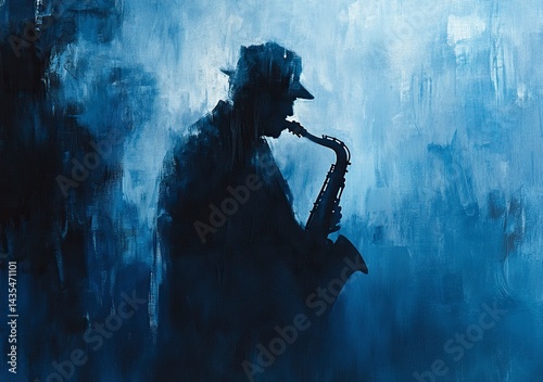 A jazz musician playing the saxophone, surrounded by thick smoke and soft lighting, creating an atmospheric scene. The focus is on their silhouette against a dark background, with a blue color scheme 