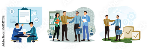 Professional business people shake hands, engage in business meetings, and collaborate in the office.