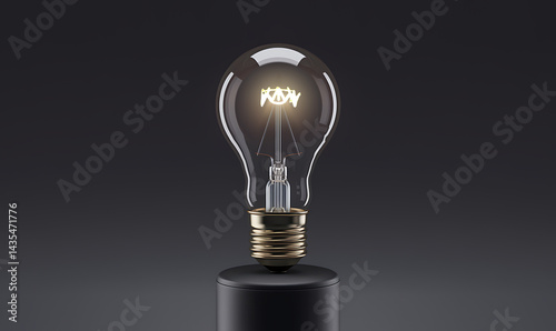 A glowing lightbulb with a visible filament sits on a black stand against a dark background, creating a warm and inviting atmosphere.