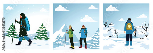 Mountain climbers in winter clothes and backpacks, walking in deep snow, among snow-covered trees.