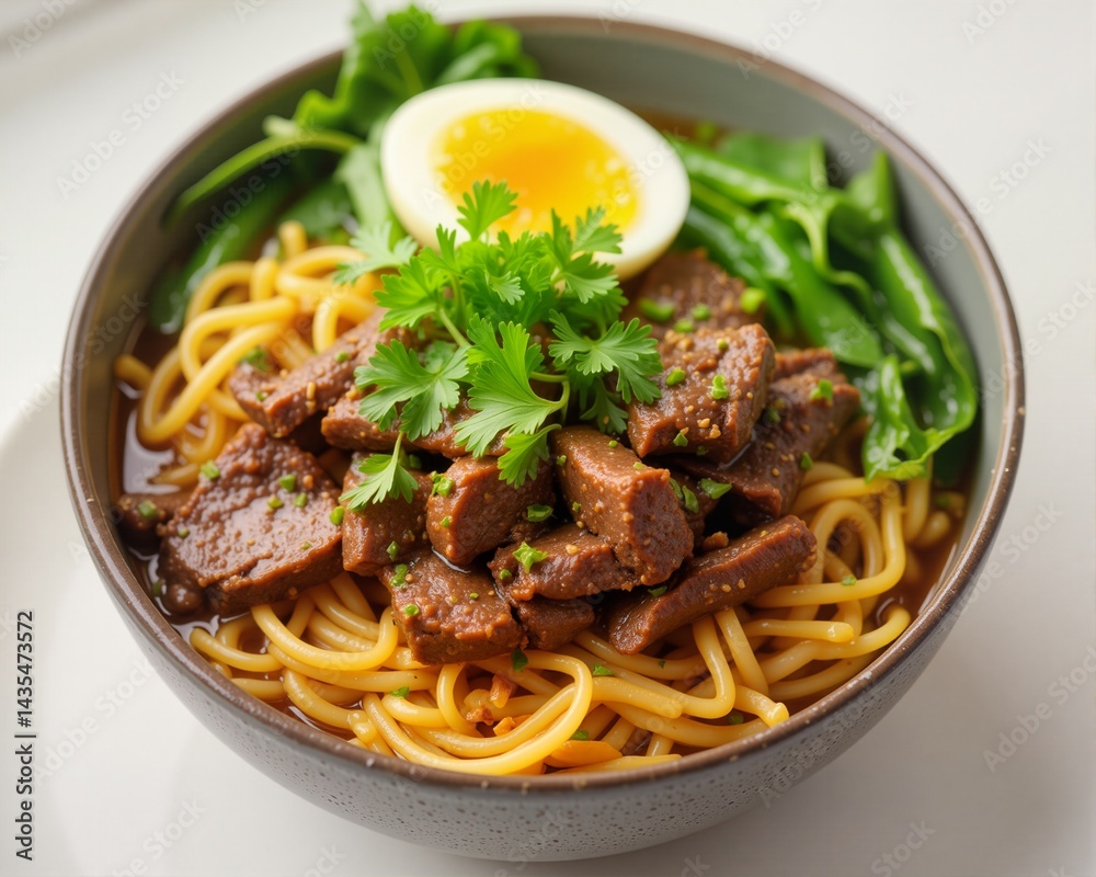 This image features a bowl of Taiwanese beef noodles, which are a staple in many Asian cuisines. The noodles appear to be light and slightly chewy, with a rich, brown broth that suggests a savory flav This image features a bowl of Taiwanese beef noodles, which are a staple in many Asian cuisines. The noodles appear to be light and slightly chewy, with a rich, brown broth that suggests a savory flav