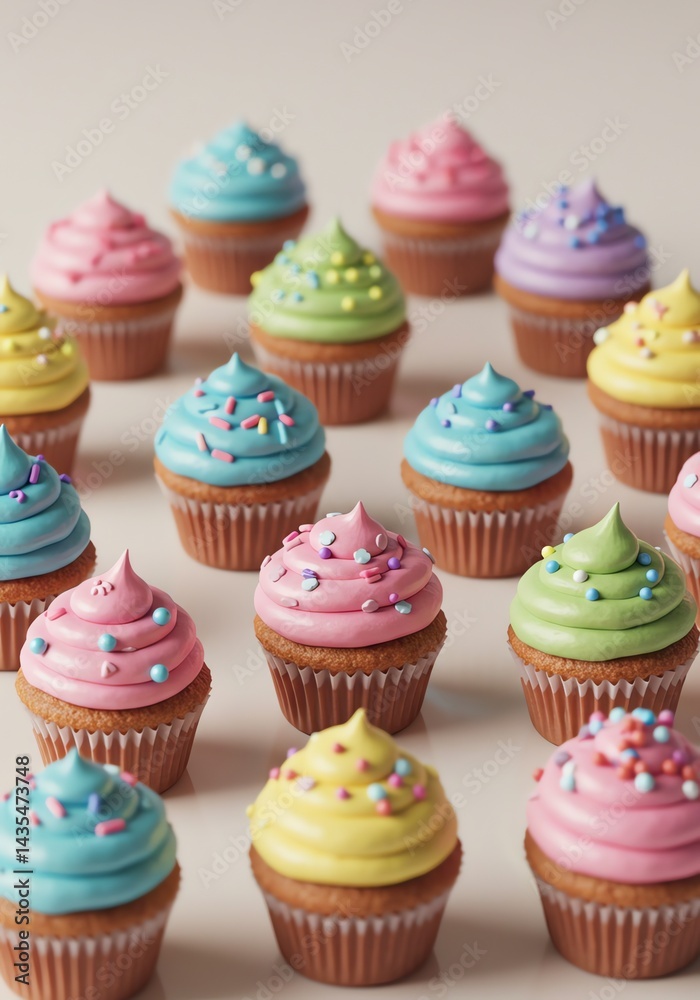 Colorful Cupcakes with Sprinkles Arranged on a Creamy Background Colorful Cupcakes with Sprinkles Arranged on a Creamy Background