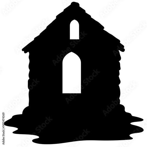 Silhouette of upper room building with open windows, Pentecost symbolism